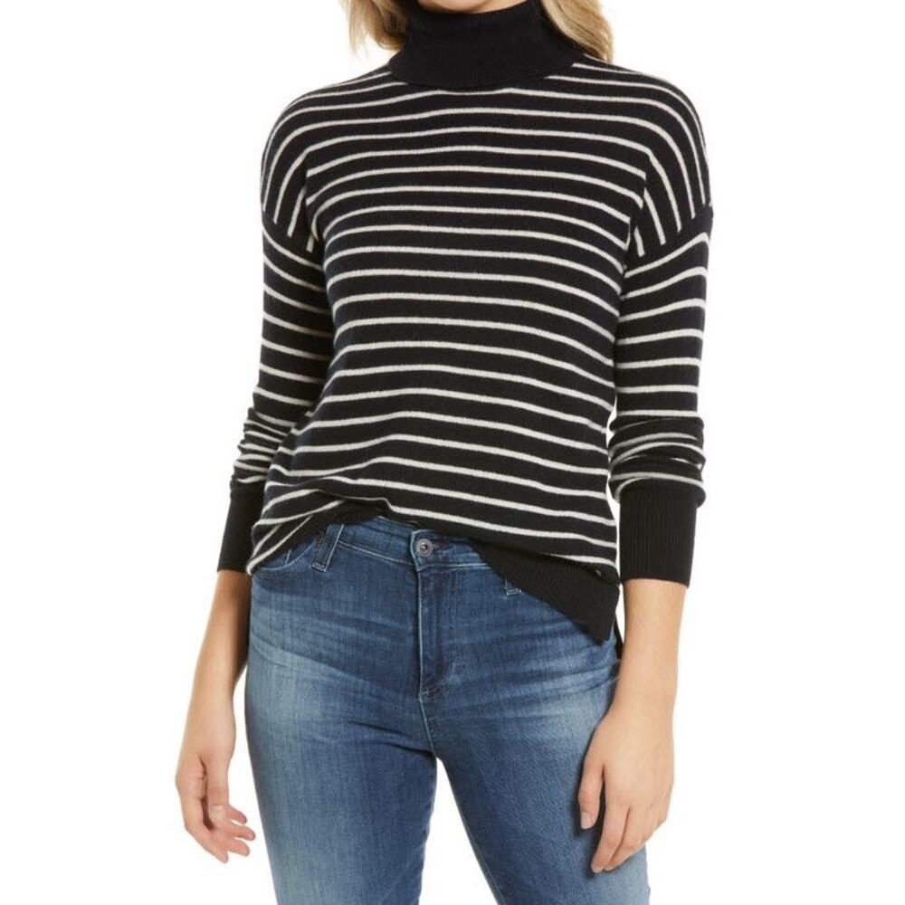 Nordstrom‎ Cashmere Turtleneck Sweater Navy White Striped Size XS